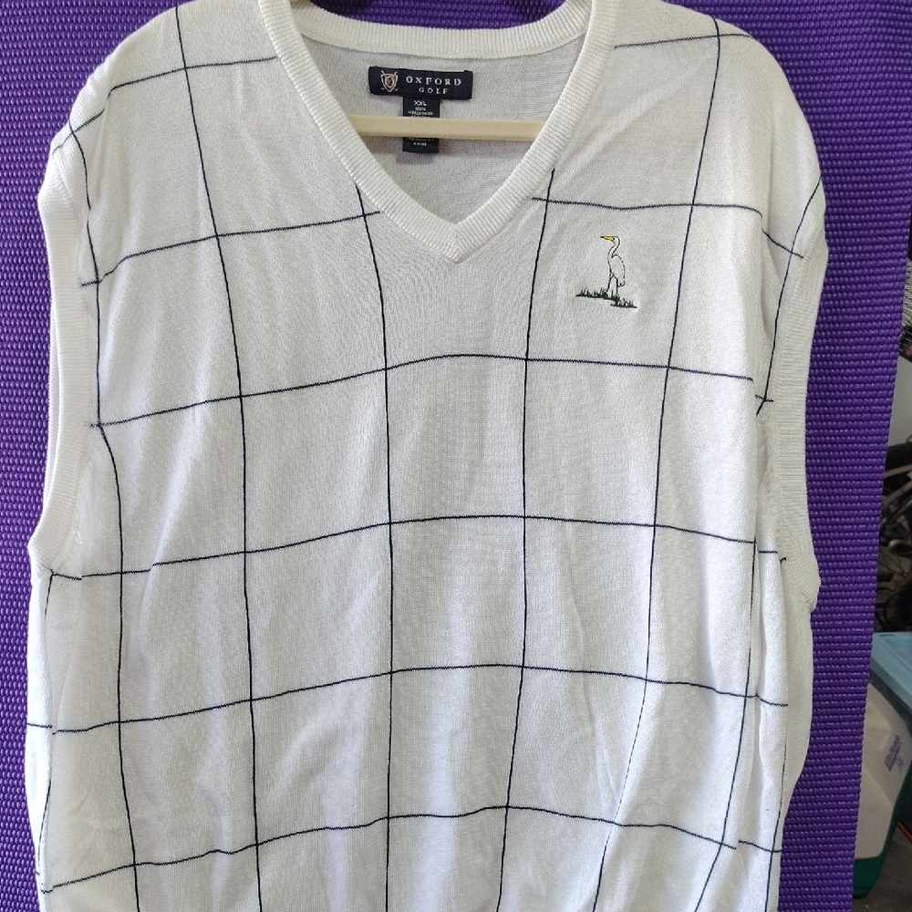 Oxford‎ Golf Mens XXL White Windowpane V-Neck  Cotton Sweater Vest Heron